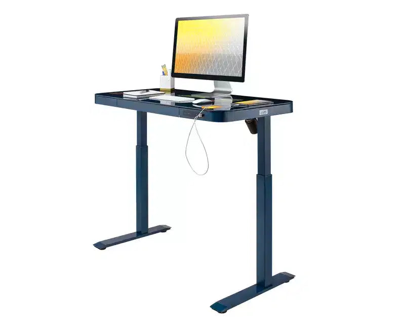 Bureau assis-debout réglable en hauteur avec plateau en verre trempé de 48 po, ports USB et tiroir