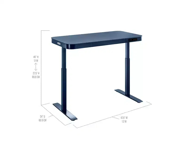 Bureau assis-debout réglable en hauteur avec plateau en verre trempé de 48 po, ports USB et tiroir