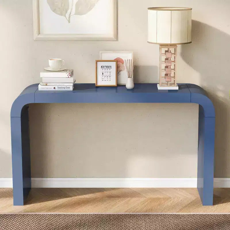 55.1W Table Console Minimaliste de Style Américain, Table d'Entrée Étroite et Élégante, Table Basse en Placage d'Acacia