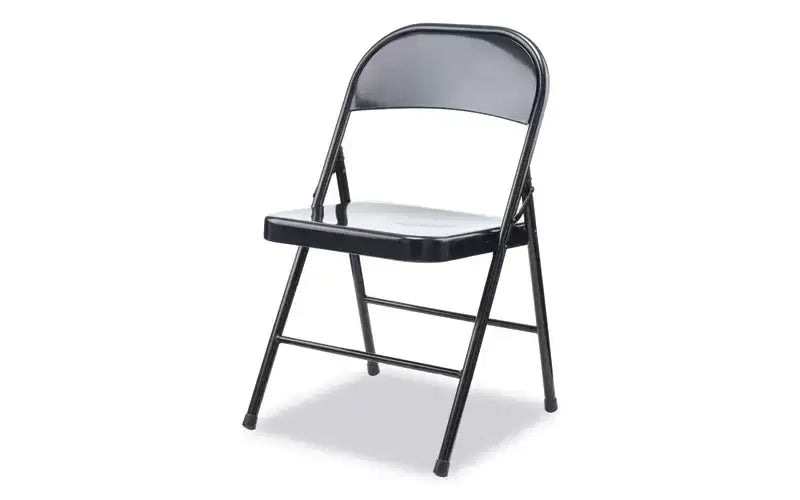 Chaise pliante en acier sans accoudoirs, supporte jusqu'à 125 kg, assise noire, dossier noir, piètement noir, 4/carton
