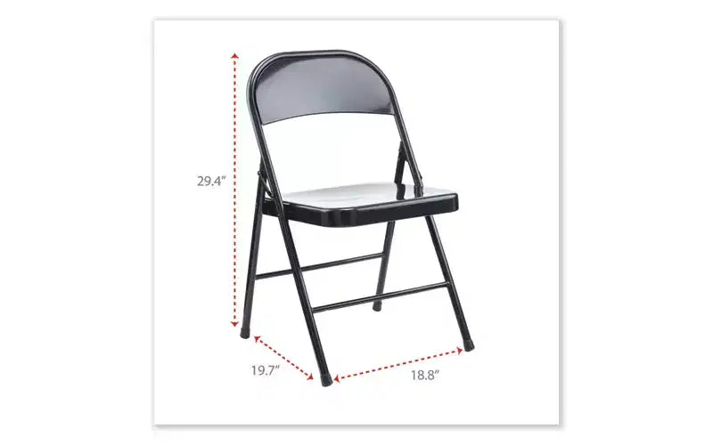 Chaise pliante en acier sans accoudoirs, supporte jusqu'à 125 kg, assise noire, dossier noir, piètement noir, 4/carton