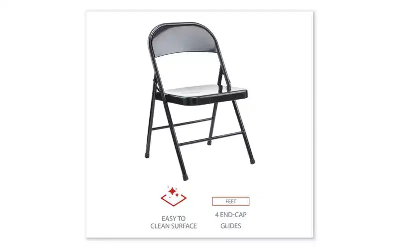 Chaise pliante en acier sans accoudoirs, supporte jusqu'à 125 kg, assise noire, dossier noir, piètement noir, 4/carton