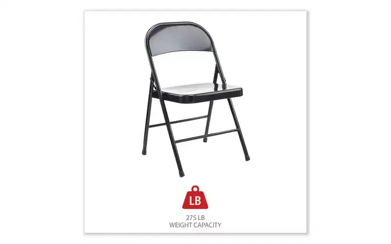 Chaise pliante en acier sans accoudoirs, supporte jusqu'à 125 kg, assise noire, dossier noir, piètement noir, 4/carton