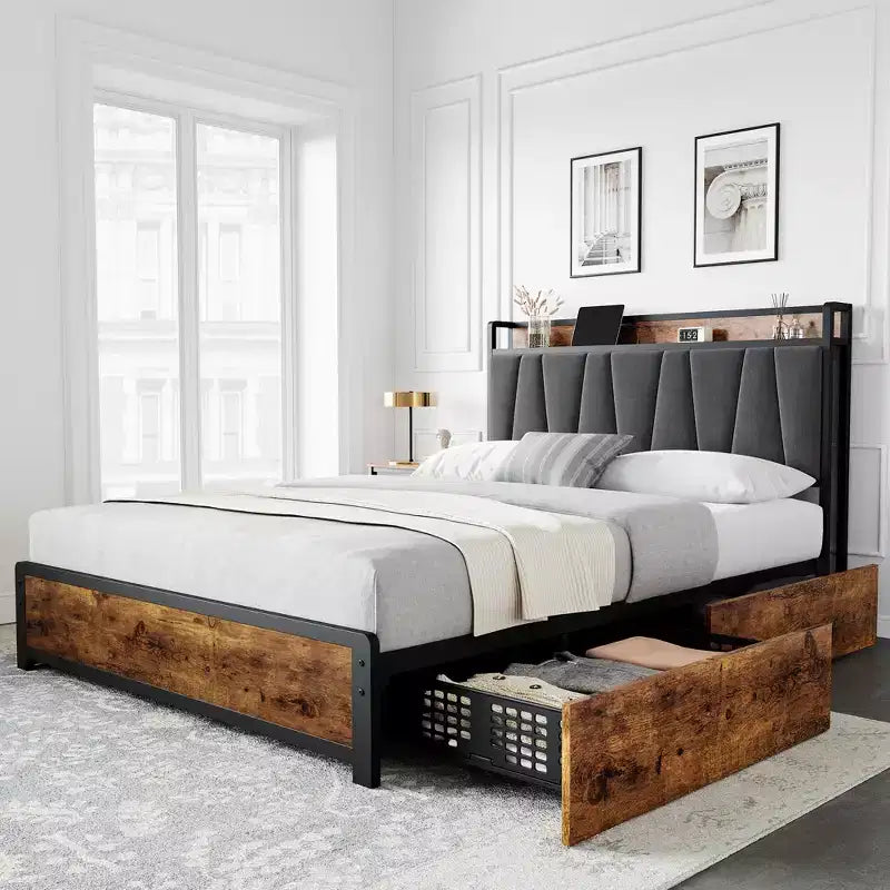 WhizMax Full Queen King Bed Frame with 4 Storage Drawers, Bed Frame with Charging Station, No Box Spring Needed, Easy Assembly, Vintage Brown