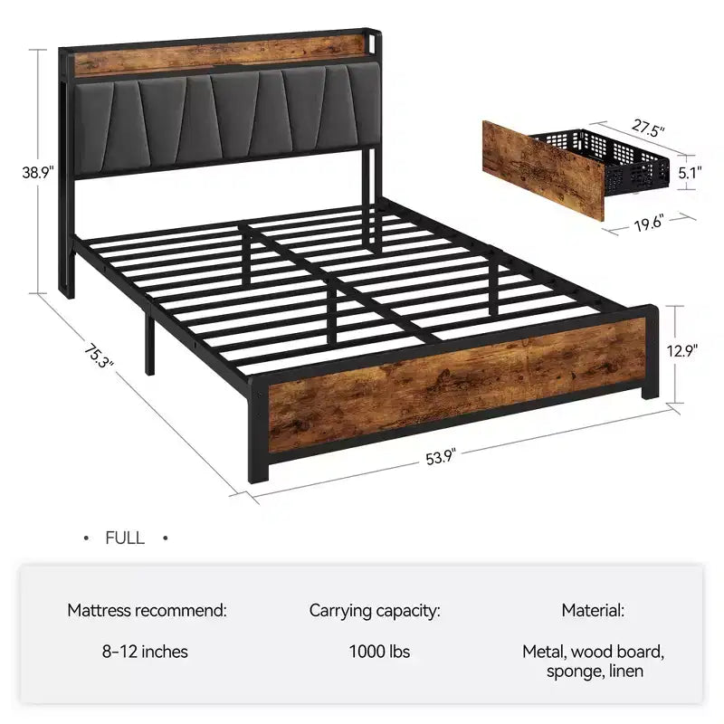 Cadre de lit Full Queen King avec 4 tiroirs de rangement, cadre de lit avec station de recharge, pas besoin de sommier tapissier, montage facile, marron vintage