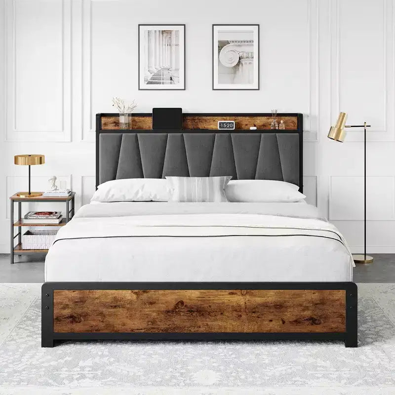 Cadre de lit Full Queen King avec 4 tiroirs de rangement, cadre de lit avec station de recharge, pas besoin de sommier tapissier, montage facile, marron vintage