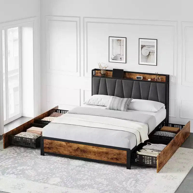 Cadre de lit Full Queen King avec 4 tiroirs de rangement, cadre de lit avec station de recharge, pas besoin de sommier tapissier, montage facile, marron vintage
