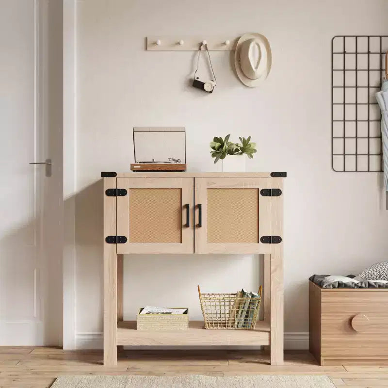 EROMMY Farmhouse Console Table With Rattan Doors, Entryway Table With Storage Cabinet, Wooden Entry Table With Metal Handle For Kitchen, Hallway