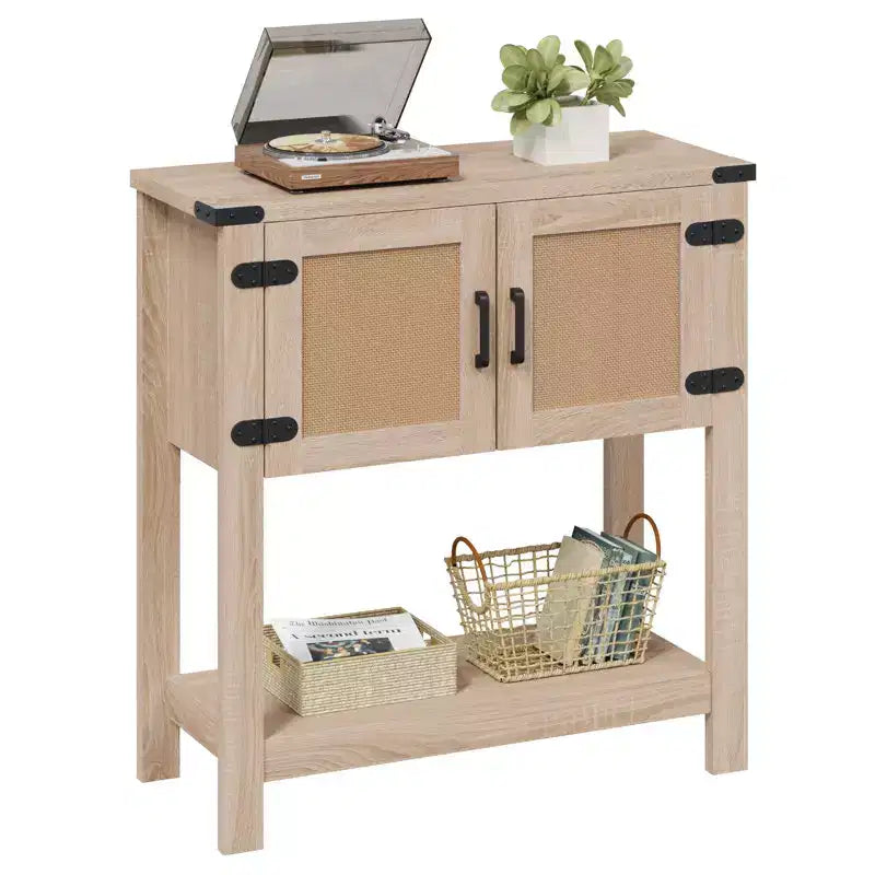 Console de ferme avec portes en rotin, Table d'entrée avec meuble de rangement, Table d'entrée en bois avec poignée métallique pour cuisine, couloir