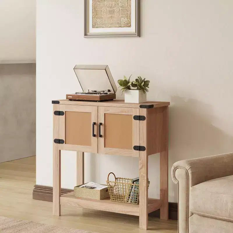 Console de ferme avec portes en rotin, Table d'entrée avec meuble de rangement, Table d'entrée en bois avec poignée métallique pour cuisine, couloir