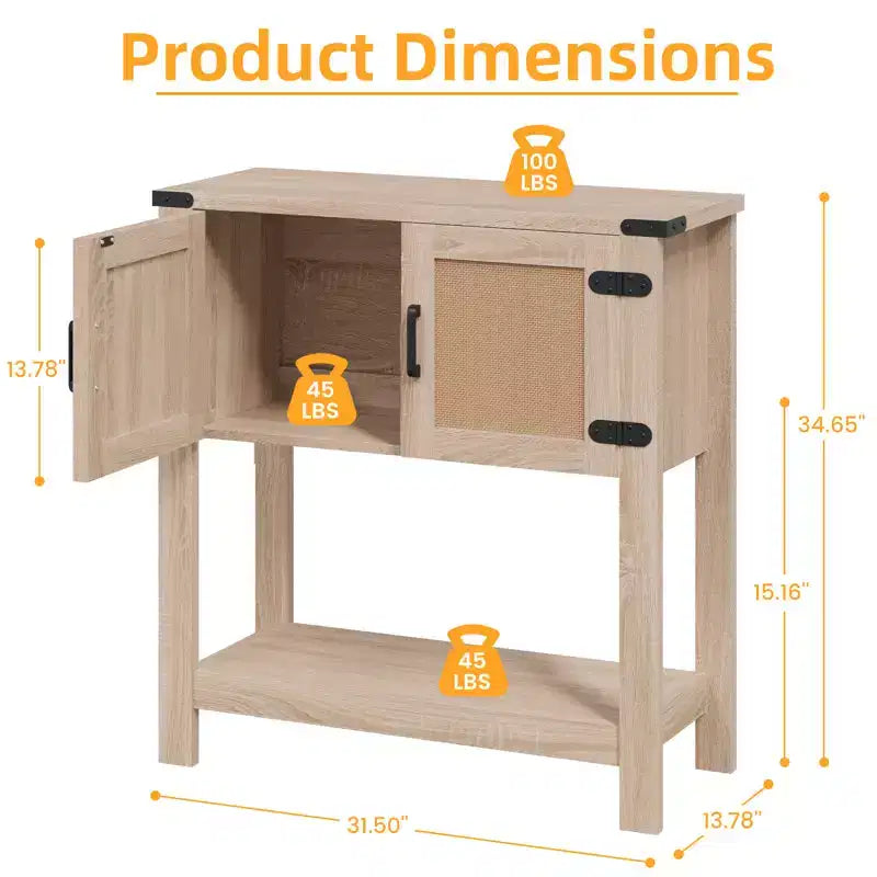 Console de ferme avec portes en rotin, Table d'entrée avec meuble de rangement, Table d'entrée en bois avec poignée métallique pour cuisine, couloir