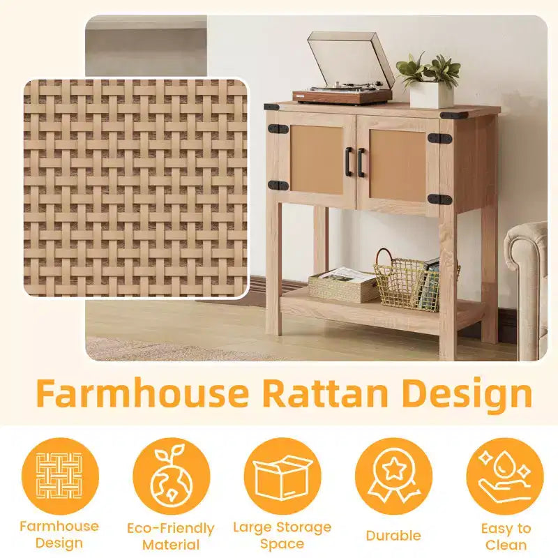 Console de ferme avec portes en rotin, Table d'entrée avec meuble de rangement, Table d'entrée en bois avec poignée métallique pour cuisine, couloir