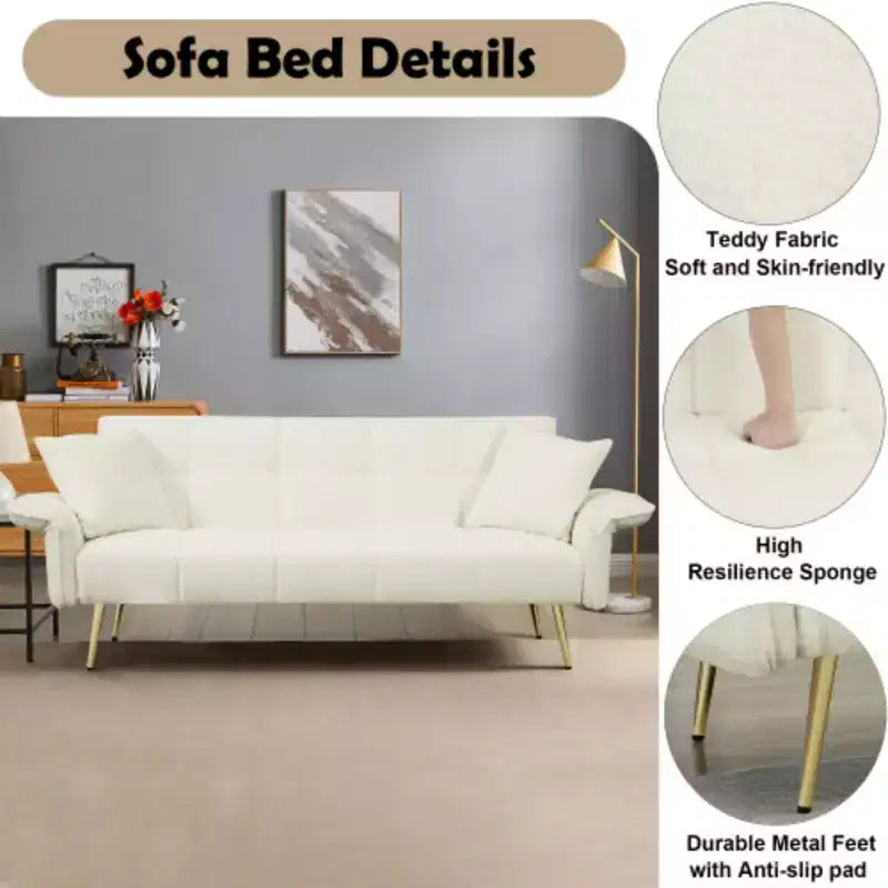 Canapé : futon 70 en tissu peluche Teddy avec accoudoirs réglables, convertible en lit