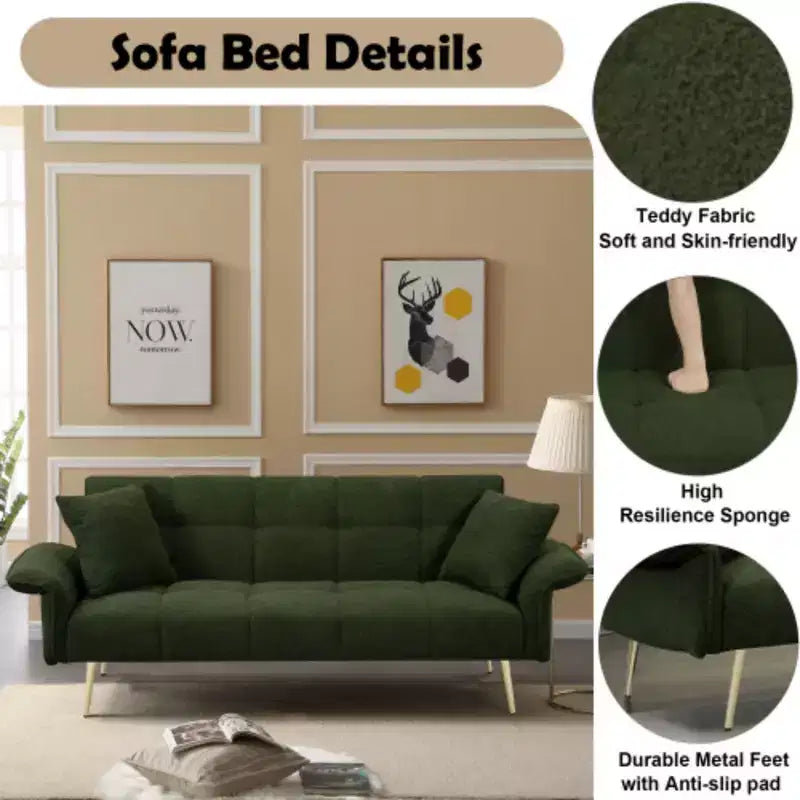 Canapé : futon 70 en tissu peluche Teddy avec accoudoirs réglables, convertible en lit