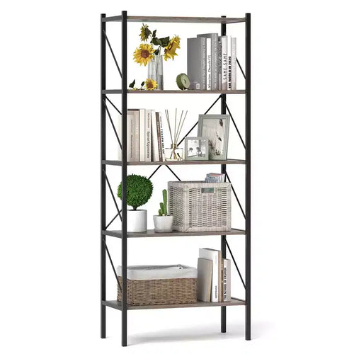 Costway 1/2 PCS 5-Tier Bookshelf, Industrial Tall Bookcase with Open Storage Shelves &amp; Metal Frame Oak
