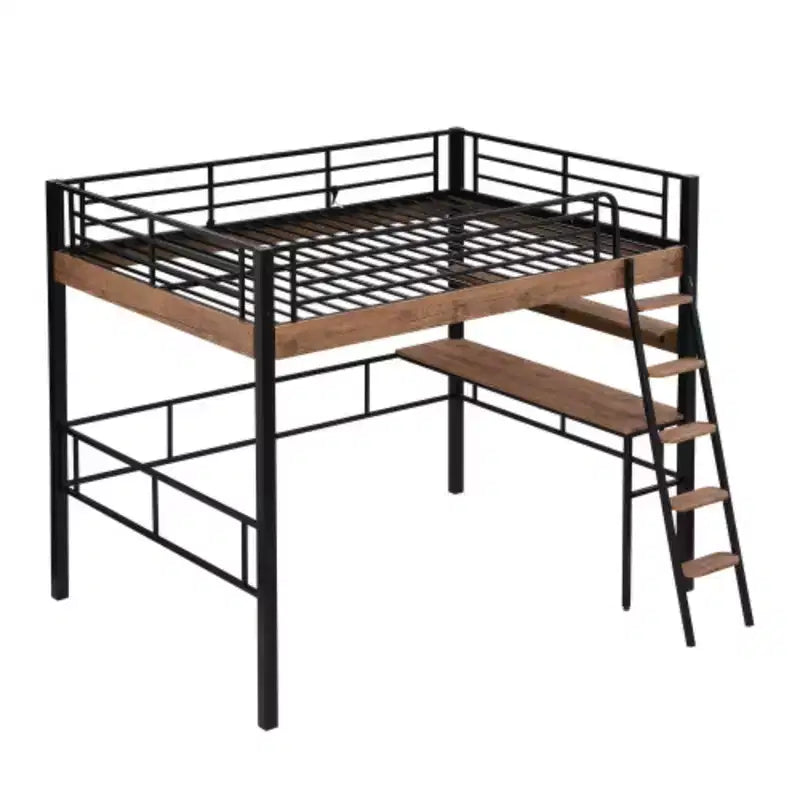 Lit mezzanine double en métal avec bureau intégré, étagère de rangement et échelle, noir