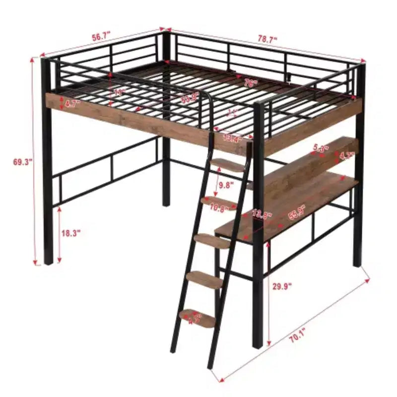 Lit mezzanine double en métal avec bureau intégré, étagère de rangement et échelle, noir