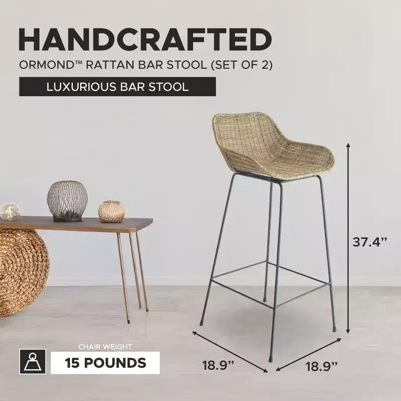 Tabourets de bar en rotin tressé, meubles de salle à manger ou de cuisine intérieurs et extérieurs pour table ou véranda avec pieds en métal, couleur naturelle