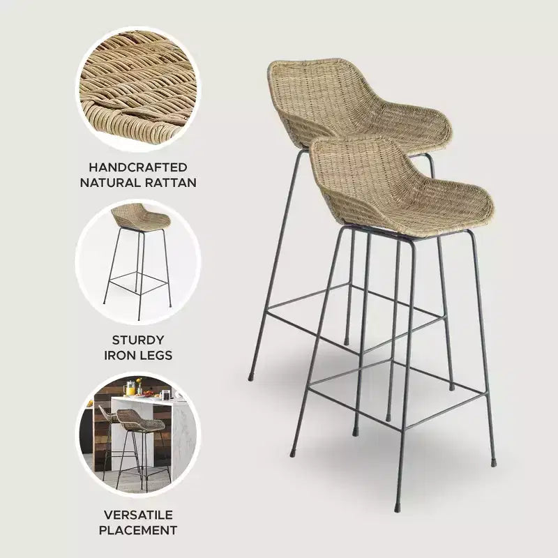 Tabourets de bar en rotin tressé, meubles de salle à manger ou de cuisine intérieurs et extérieurs pour table ou véranda avec pieds en métal, couleur naturelle