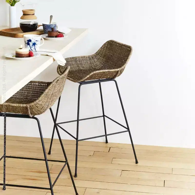 Tabourets de bar en rotin tressé, meubles de salle à manger ou de cuisine intérieurs et extérieurs pour table ou véranda avec pieds en métal, couleur naturelle