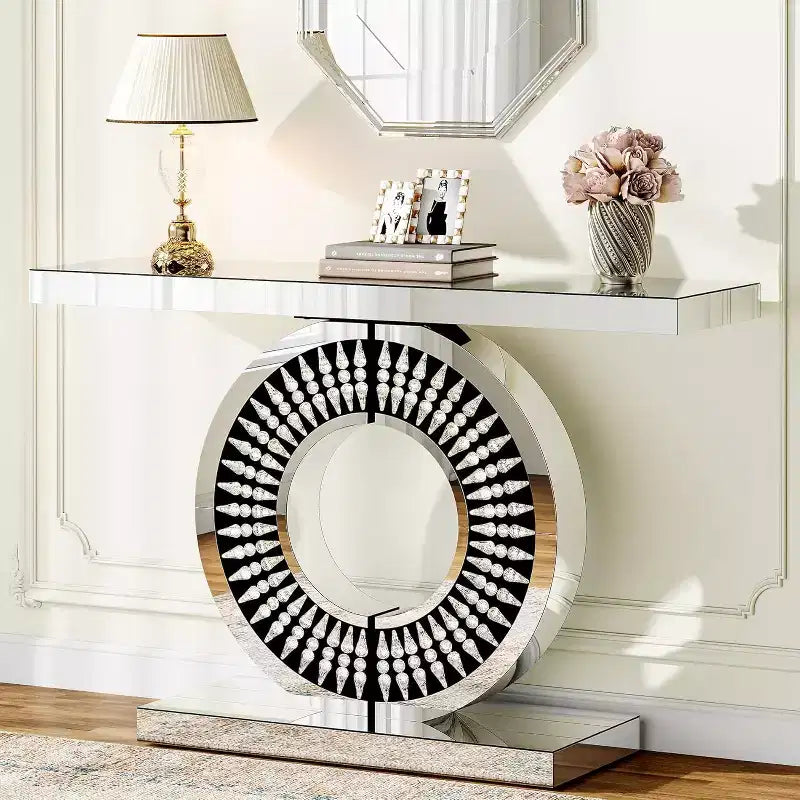 Console miroir moderne, table de canapé en verre de 109 cm avec base incrustée de cristaux étincelants pour entrée, salon, couloir