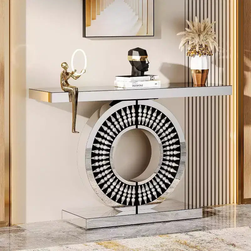Console miroir moderne, table de canapé en verre de 109 cm avec base incrustée de cristaux étincelants pour entrée, salon, couloir