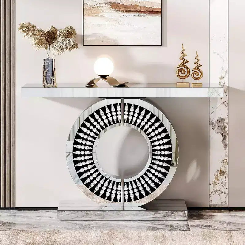 Console miroir moderne, table de canapé en verre de 109 cm avec base incrustée de cristaux étincelants pour entrée, salon, couloir