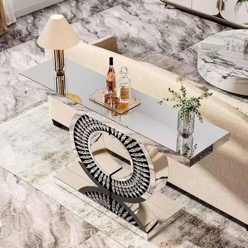 Console miroir moderne, table de canapé en verre de 109 cm avec base incrustée de cristaux étincelants pour entrée, salon, couloir