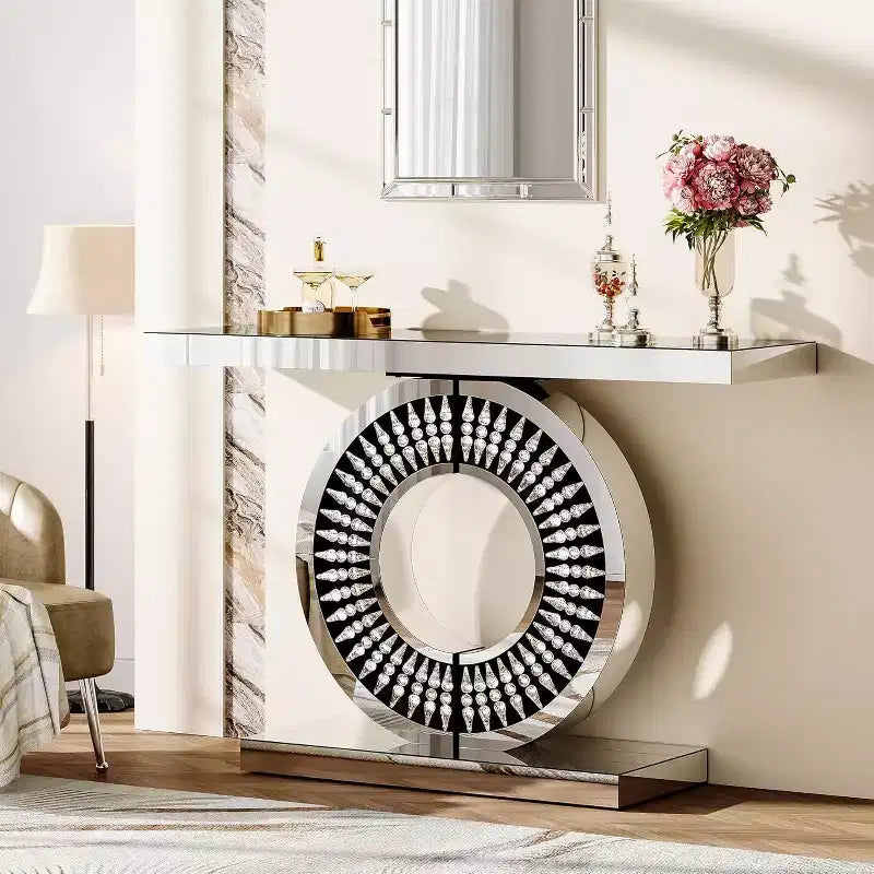 Console miroir moderne, table de canapé en verre de 109 cm avec base incrustée de cristaux étincelants pour entrée, salon, couloir