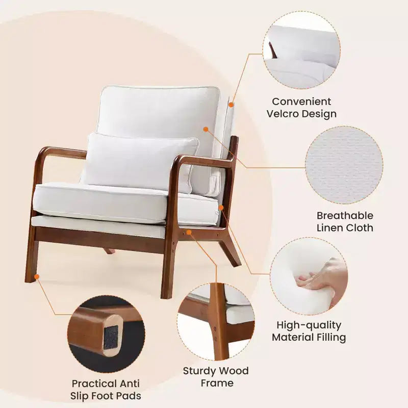 Fauteuil avec coussin lombaire, fauteuil de salon, chaise de lecture confortable en tissu de lin avec cadre en bois pour le salon