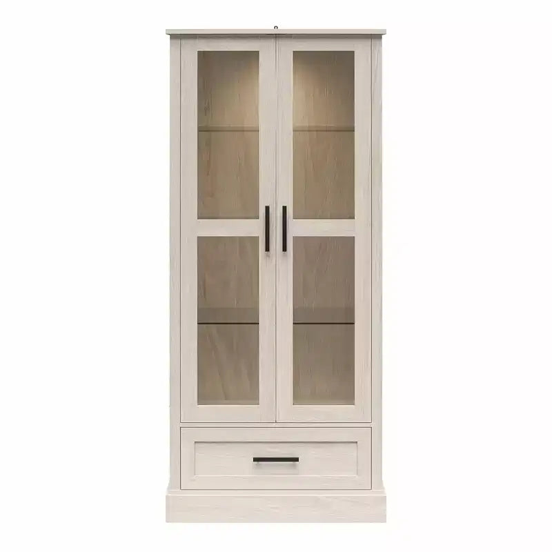 Ameriwood Home Sherman Curio Cabinet with Glass Doors and Storage Drawer, White Oak