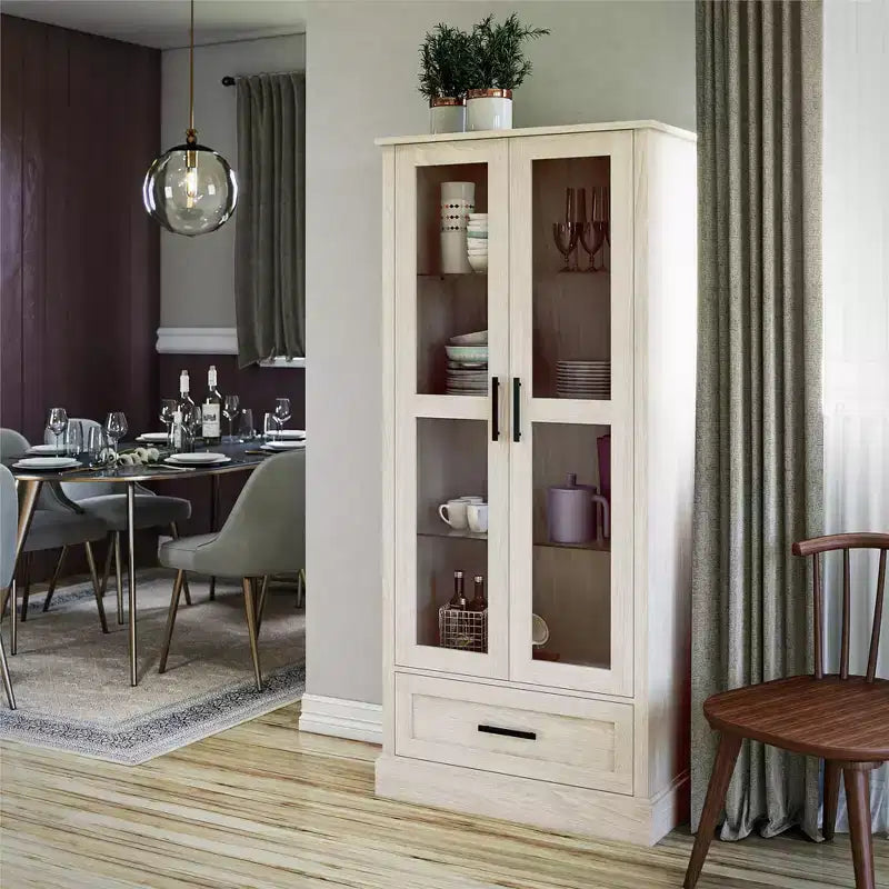 Vitrine avec portes en verre et tiroir de rangement, chêne blanc