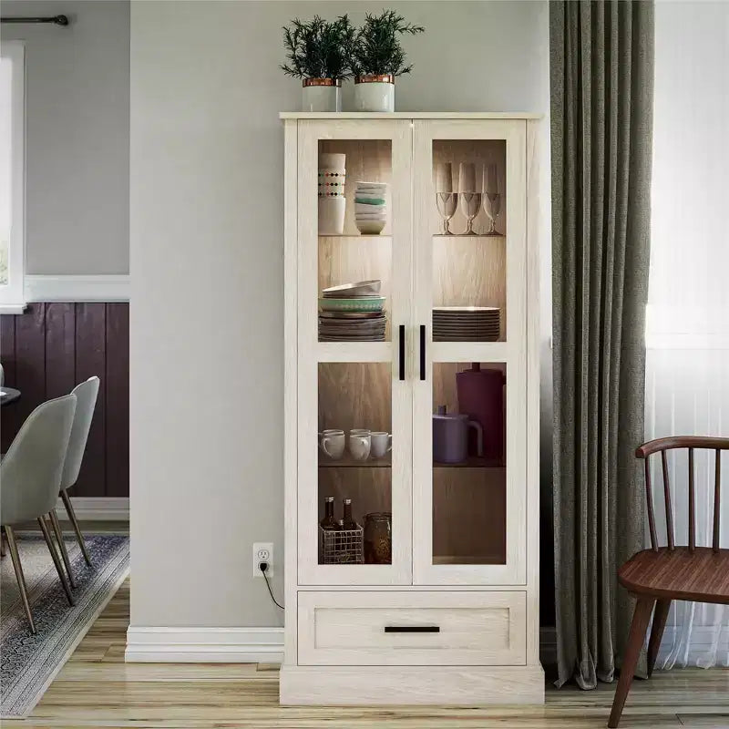 Vitrine avec portes en verre et tiroir de rangement, chêne blanc
