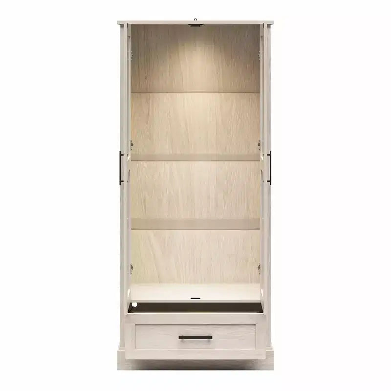 Vitrine avec portes en verre et tiroir de rangement, chêne blanc