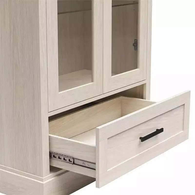 Vitrine avec portes en verre et tiroir de rangement, chêne blanc