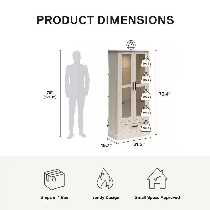 Vitrine avec portes en verre et tiroir de rangement, chêne blanc