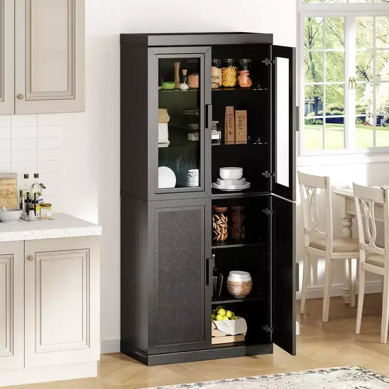 Solid Wood Pantry Cabinet with Adjustable Shelves and Glass Door