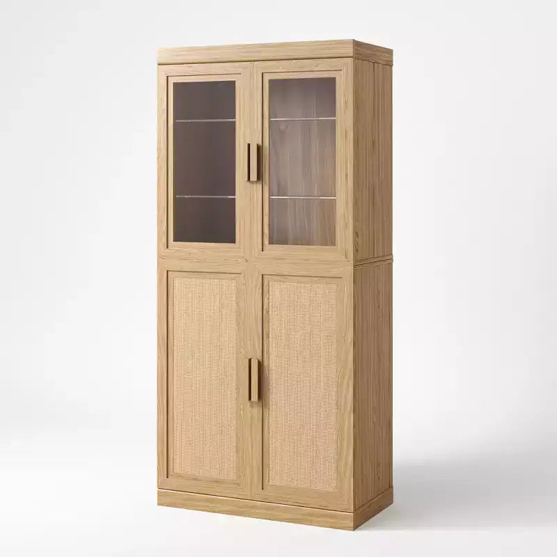 Meuble de garde-manger en bois massif avec étagères réglables et porte vitrée
