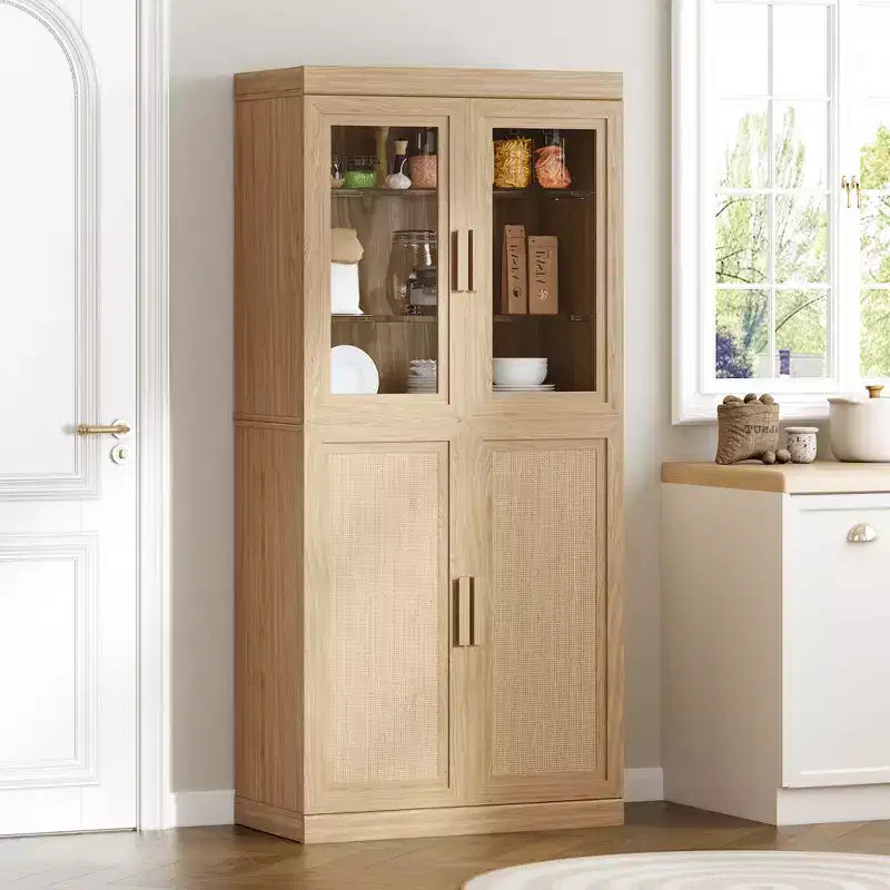 Meuble de garde-manger en bois massif avec étagères réglables et porte vitrée