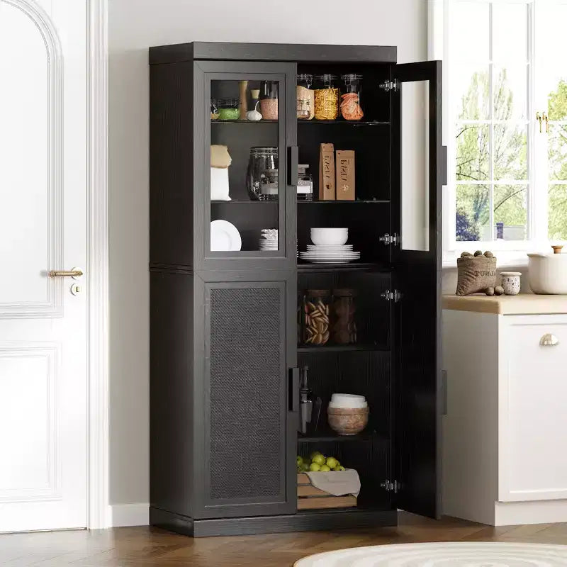 Meuble de garde-manger en bois massif avec étagères réglables et porte vitrée