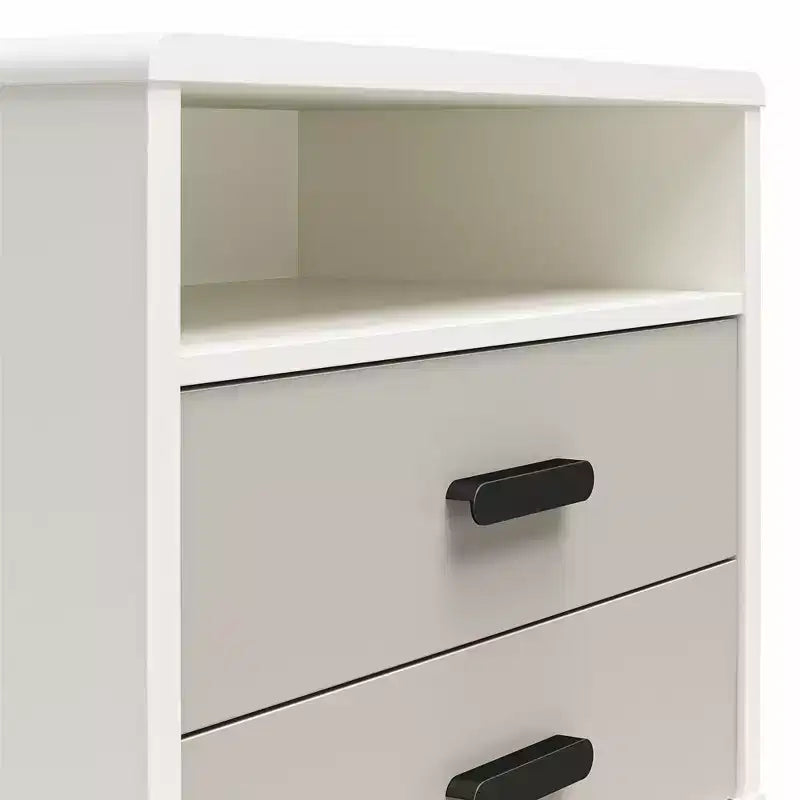 Table de chevet à 2 tiroirs, taupe et blanc