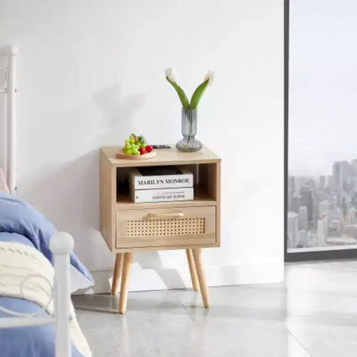 15.75 Rattan End table with Power Outlet &amp; USB Ports , Modern nightstand with drawer and solid wood legs, side table for living room, bedroom,natural