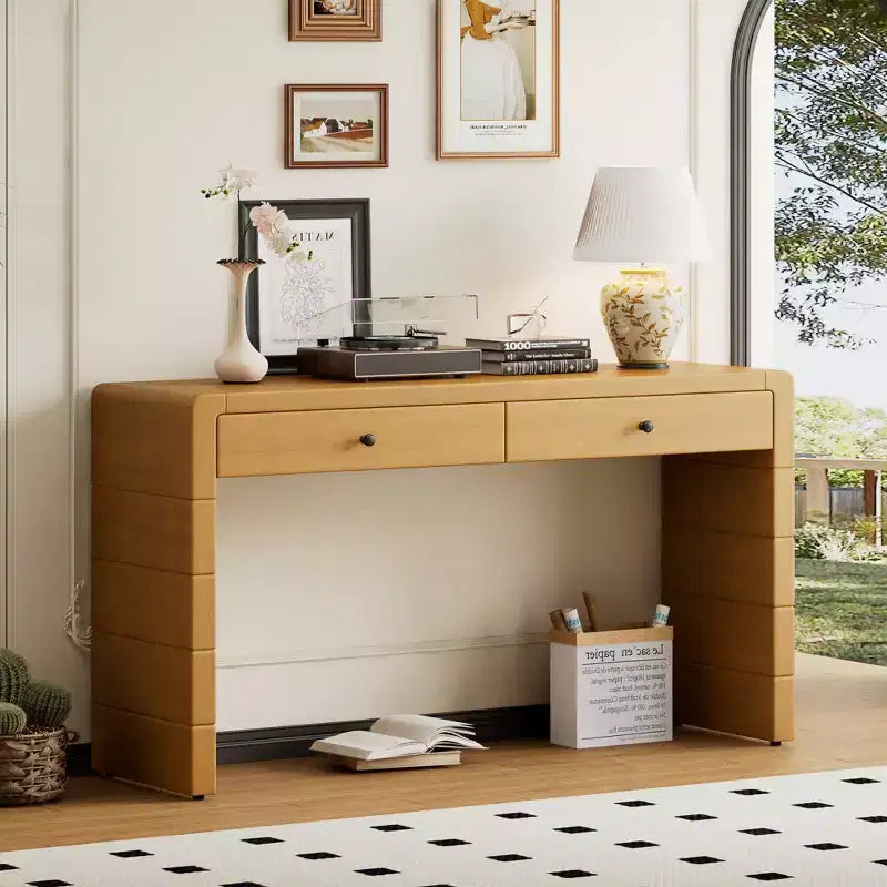 Table d'entrée en bois avec 2 tiroirs, console rustique de style ferme avec rangement