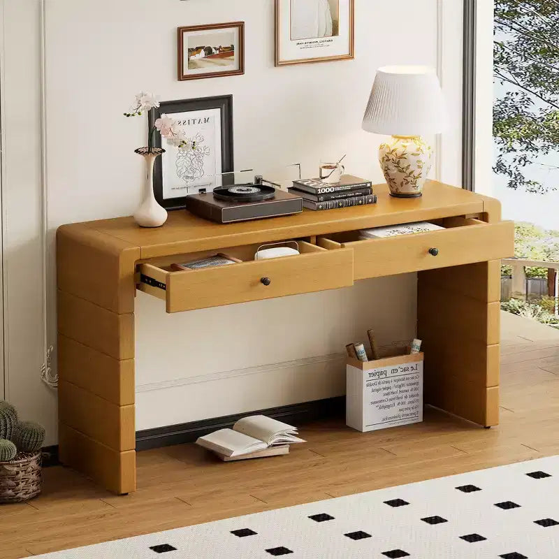 Table d'entrée en bois avec 2 tiroirs, console rustique de style ferme avec rangement