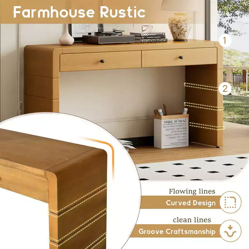Table d'entrée en bois avec 2 tiroirs, console rustique de style ferme avec rangement