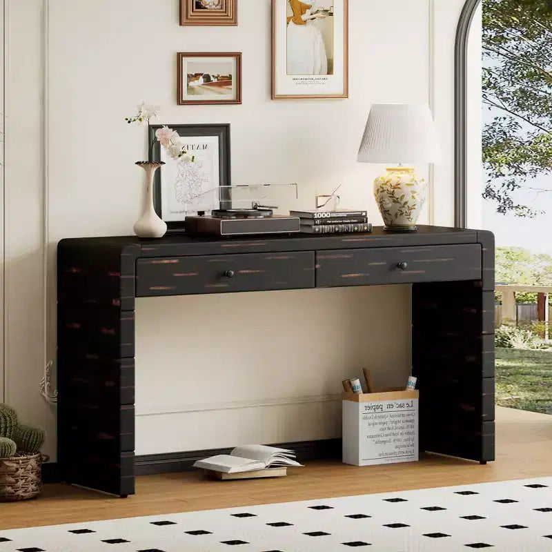 Table d'entrée en bois avec 2 tiroirs, console rustique de style ferme avec rangement