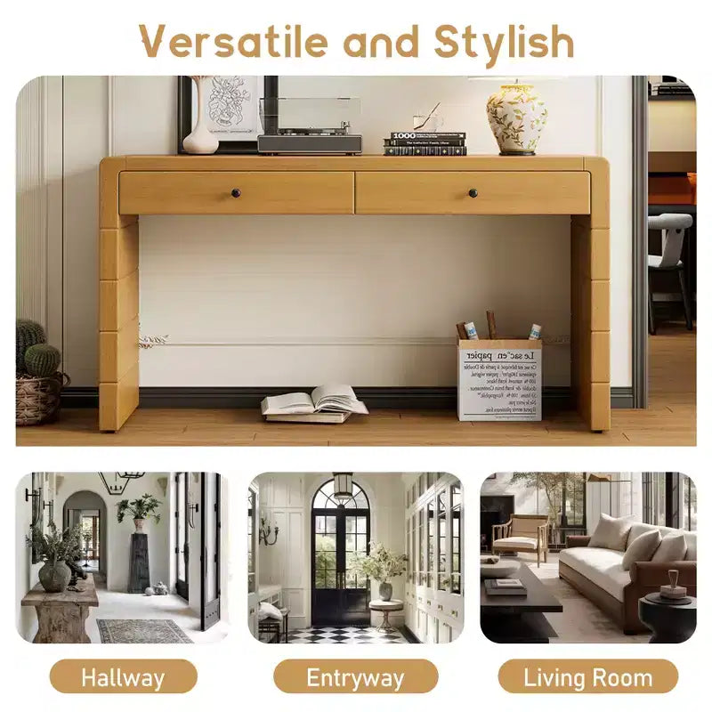 Table d'entrée en bois avec 2 tiroirs, console rustique de style ferme avec rangement
