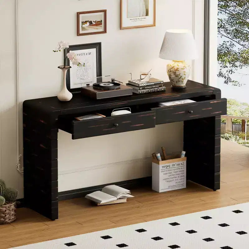 Table d'entrée en bois avec 2 tiroirs, console rustique de style ferme avec rangement