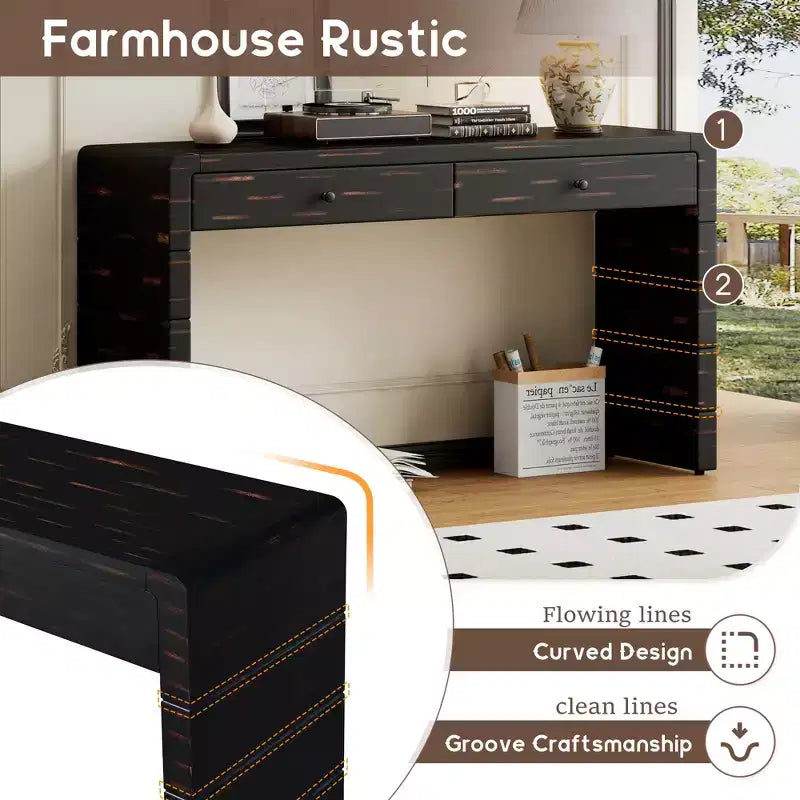 Table d'entrée en bois avec 2 tiroirs, console rustique de style ferme avec rangement