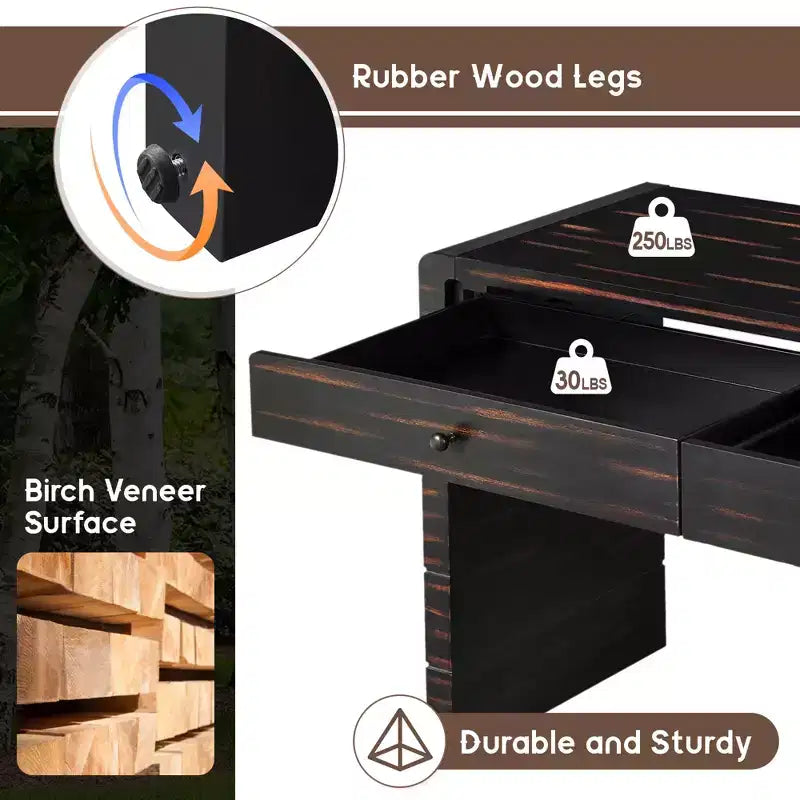 Table d'entrée en bois avec 2 tiroirs, console rustique de style ferme avec rangement